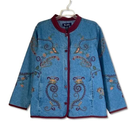 Y2K Denim & Co Embroidered Art To Wear Button Front Boho Denim Jean Jacket SZ M - Picture 1 of 15